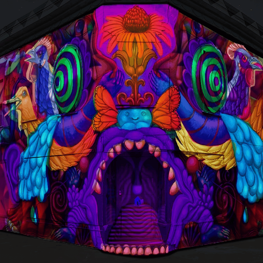 MAPPLIGHTS video mapping projection illuminating Danaë Brissonnet's colorful artwork, blending digital art with mural illustration.