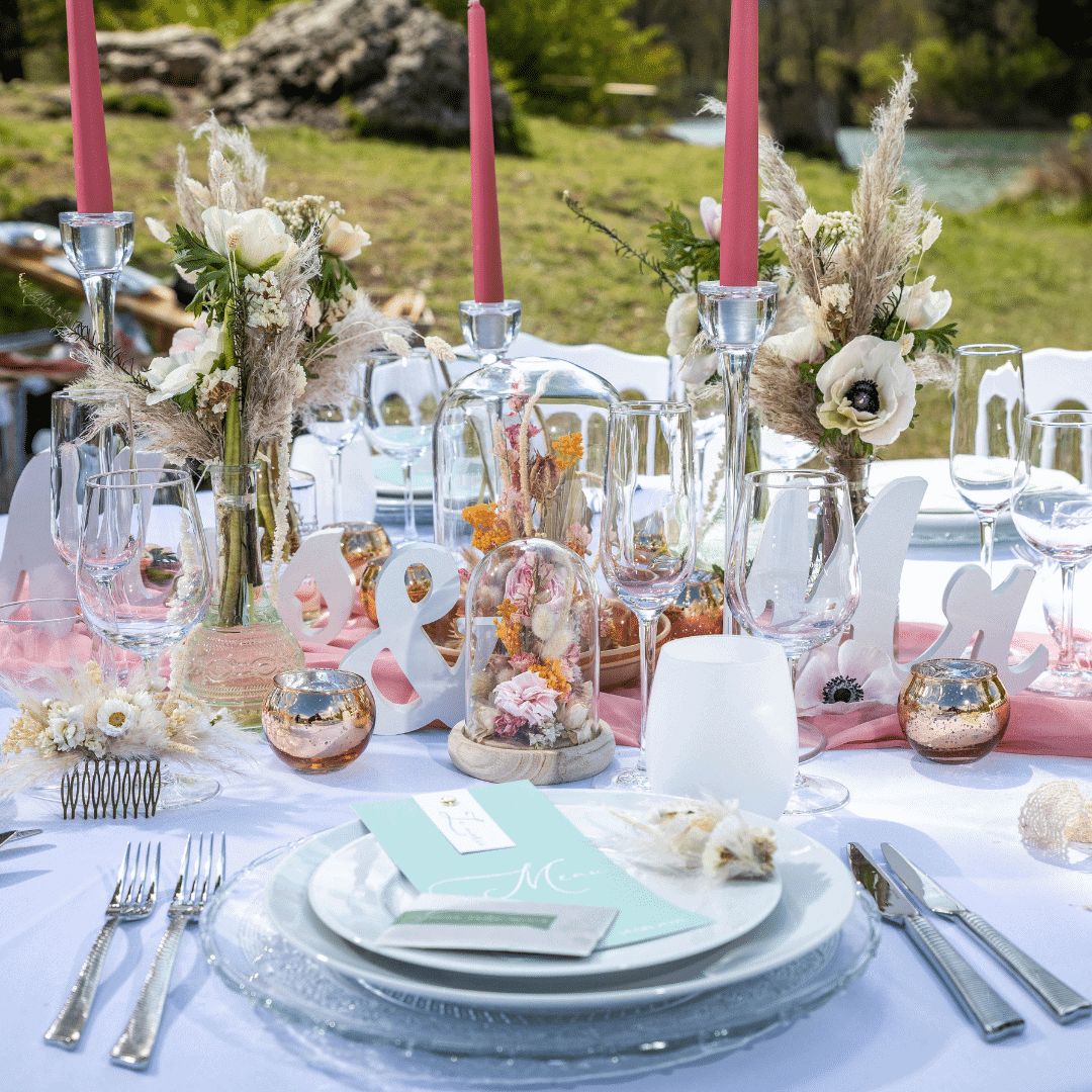 table de mariage boheme avec les verres sueda