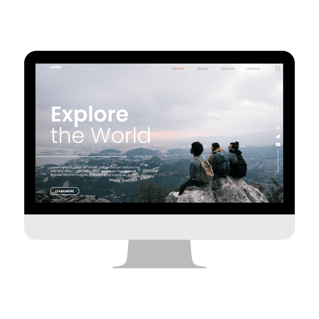 image d'un écran de pc avec une image c'est une écran de pc avec avec image sur l'écran ou l'on voit un paysage et trois personnes assises sur un rocher et un texte écrit "explore the world"