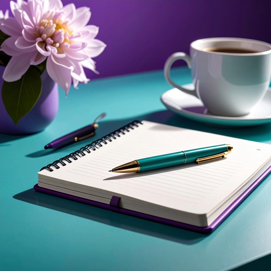 Writing for blogs shown by a notepad and pen on a desk with potted flowers and coffee cup in a purple and teal theme