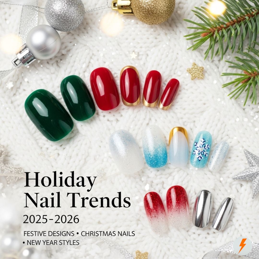 Aesthetic flat-lay of 2025–2026 holiday nail trends featuring emerald green velvet nails, berry red nails, gold chrome French tips, icy blue shimmer designs, and snowflake nail art arranged on a white knitted background with festive winter decorations.