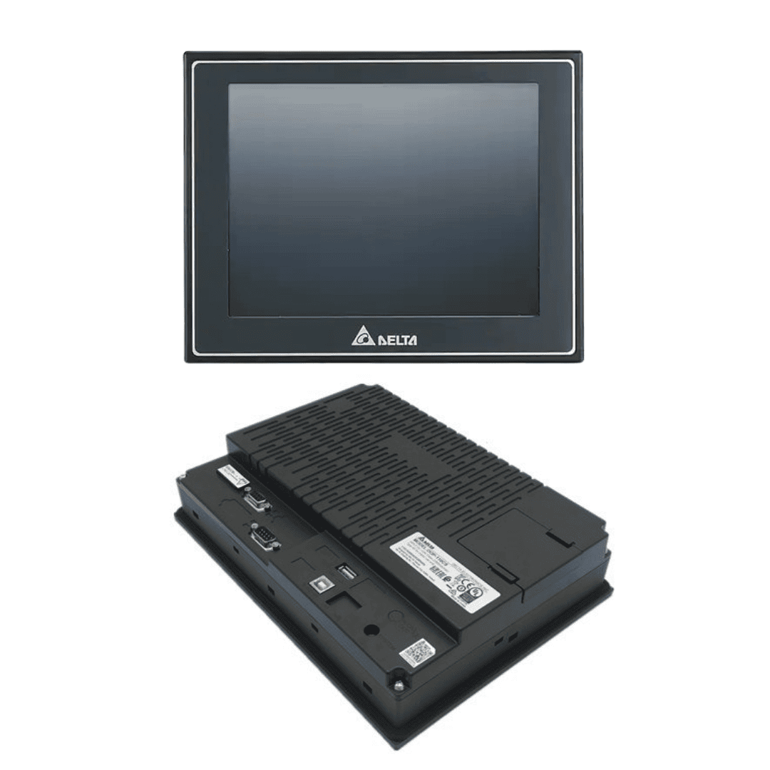Delta DOP-110CS HMI with a 10.1-inch TFT touchscreen for industrial automation control.