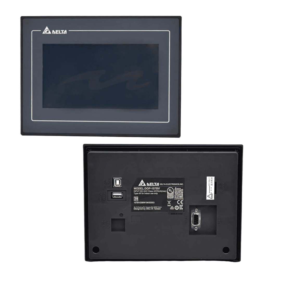 Delta DOP-107BV HMI with 7-inch touchscreen for industrial automation applications.