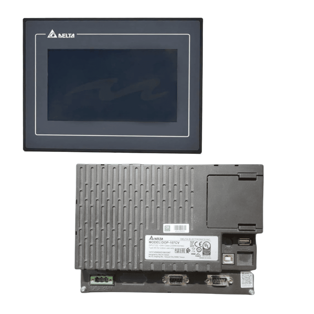 Delta DOP-107CV HMI with a 7-inch TFT touchscreen for industrial automation control.