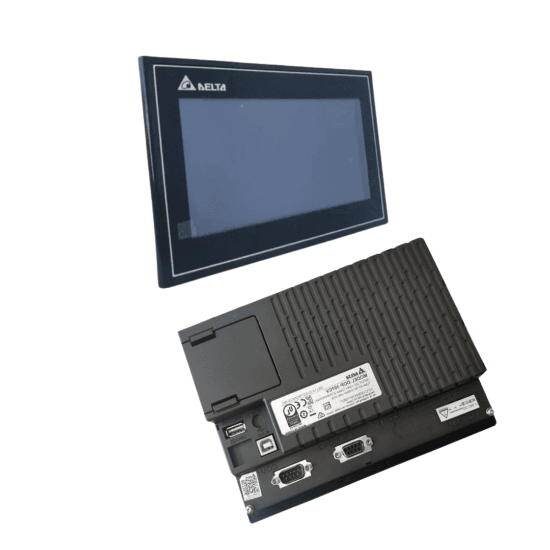 Delta DOP-107WS HMI with a 7-inch widescreen TFT display for industrial automation.