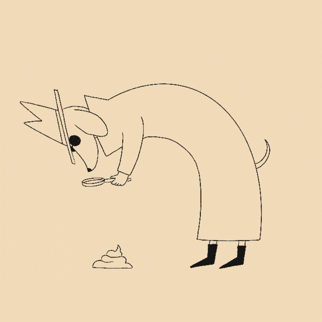 Croquis de chien rigolo qui regarde une crotte