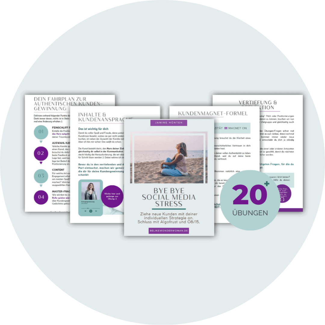 fahrplan-zur-authentischen-kundenansprache-kundenmagnetformel-social-media Mock-up mit Seiten des Guides Bye Bye Social Media Stress. Folgende Seiten werden Vorgestellt: Fahrplan zur authentischen Kundengewinnung, Kundenmagnet-Formel und Reflektionsfragen für eine gelungene Kundenansprache.