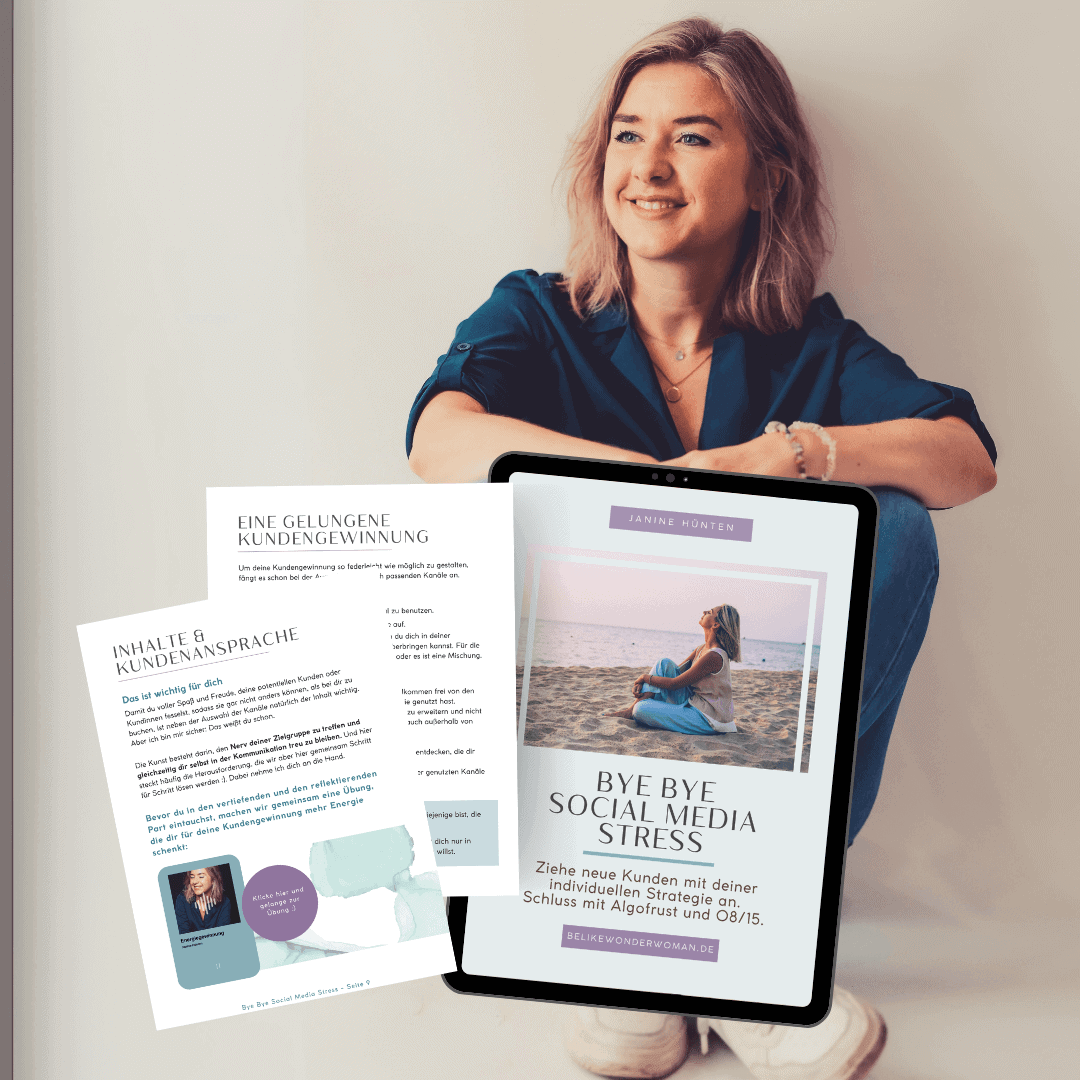 erfolgreiches-marketing-ohne-social-media-ohne-regelmaeßiges-posten Tablet mit Guide für eine Kundengewinnungsstrategie mit Janine Hünten, Coach für Selbstständige Frauen.
