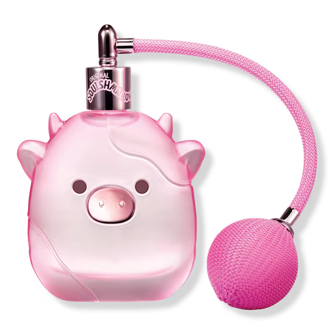 Squishmallows Fragrances Pink Possibilities is a fruity floral fragrance inspired by Patty the Cow's booth at the springtime farmer's market.