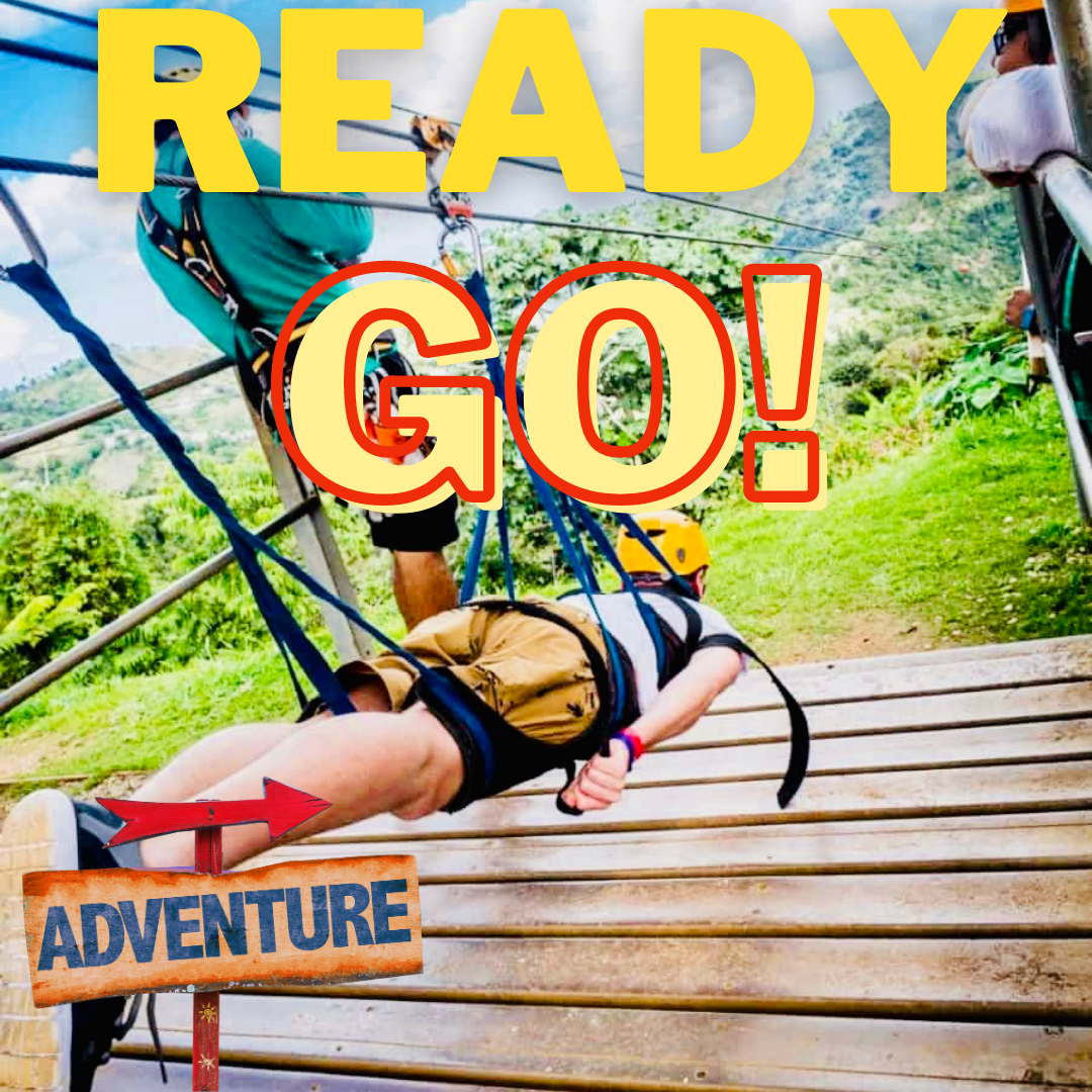 Super Combo Zipline Guest preparing to zipline from a platform during a guided zipline tour in Puerto Rico rainforest toro verde park