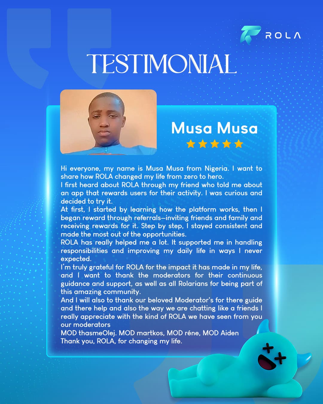User testimony
