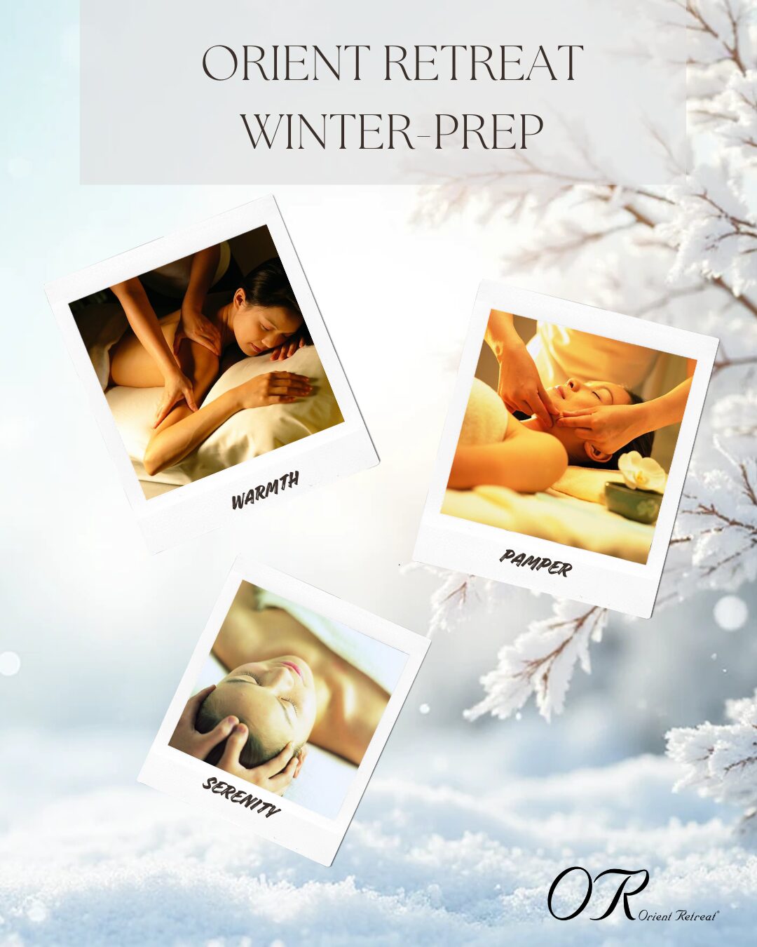 Orient Retreat Spa Winter treatments recommendation. Snowflake background.