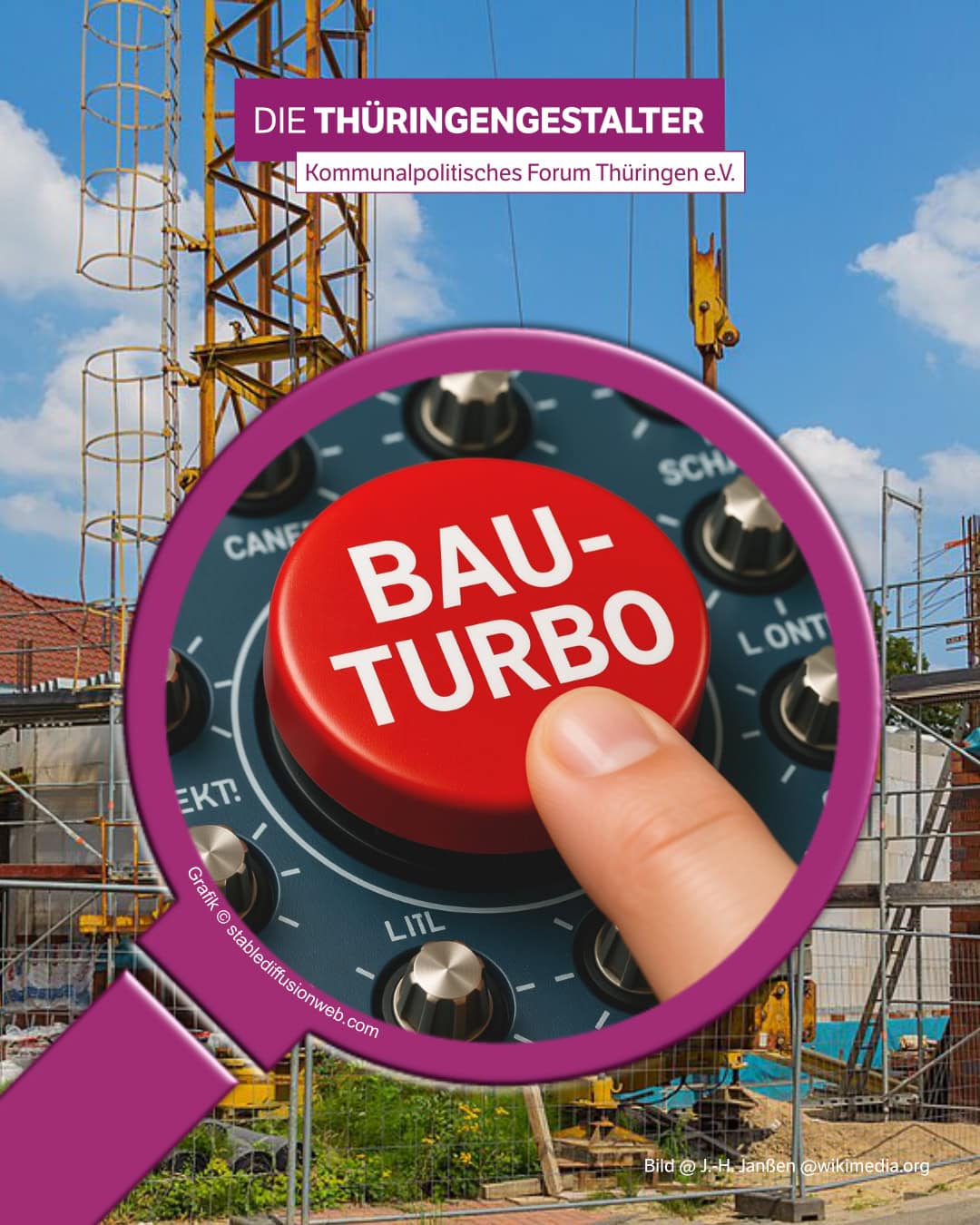 Auf dem Bild ist neben dem Logo der Thüringengestalter eine Baustelle im Hintergrund zu sehen. Darüber liegt im Vordergrund eine große lila Lupe. Sie ist auf ein Schaltpult gerichtet, der mit einem großen roten Knopf versehen ist, auf dem Bau-Turbo steht. Ein Finger ist gerade dabei den Knopf zu drücken.