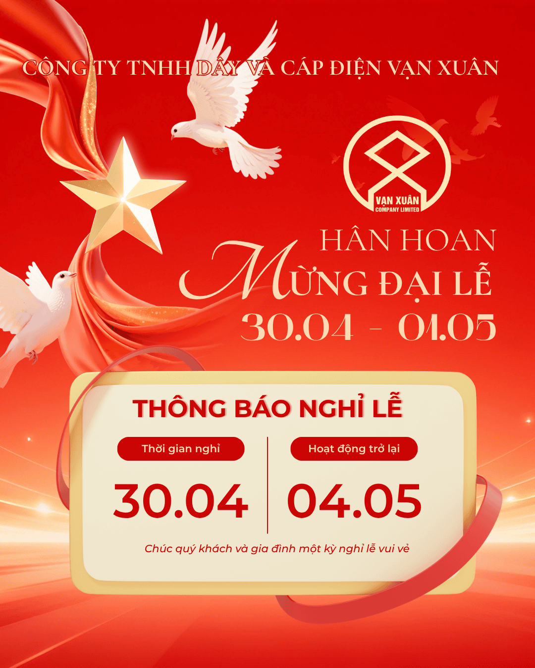 Thông báo nghỉ lễ 30/4 và 1/5