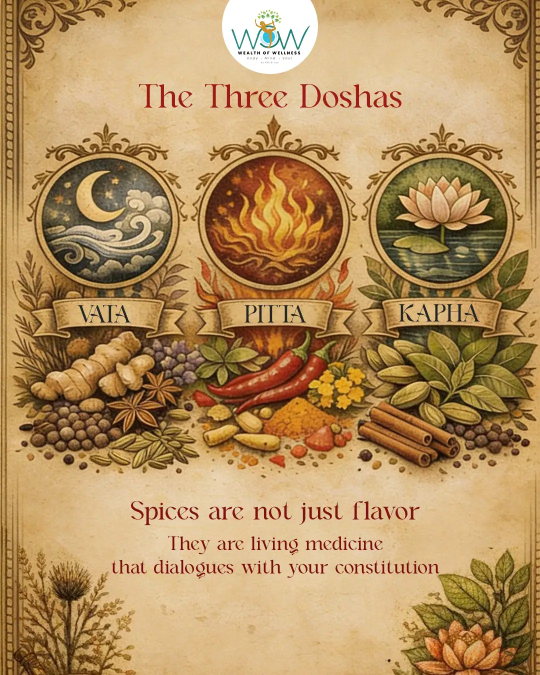 The Three Ayurvedic Doshas illustration featuring Vata, Pitta, and Kapha with symbolic elements, Ayurvedic herbs, and spices that support natural balance and holistic wellness.