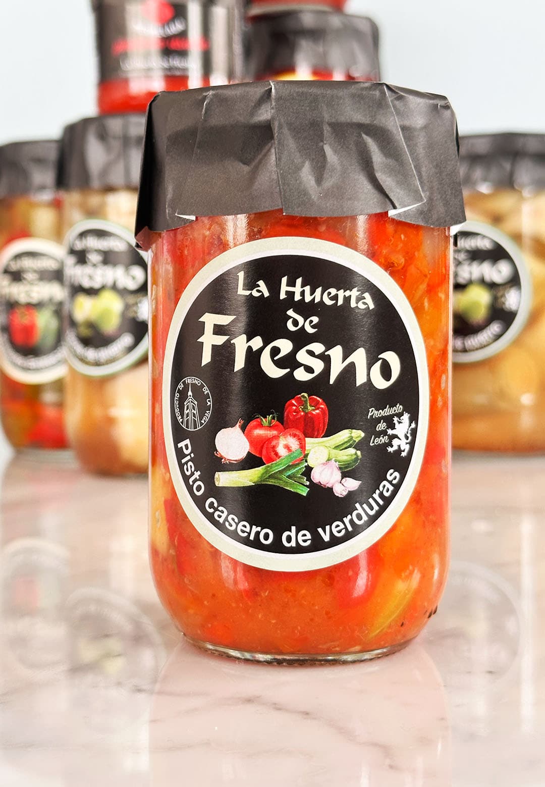 Pisto casero de verduras La Huerta de Fresno en tarro de cristal con verduras naturales