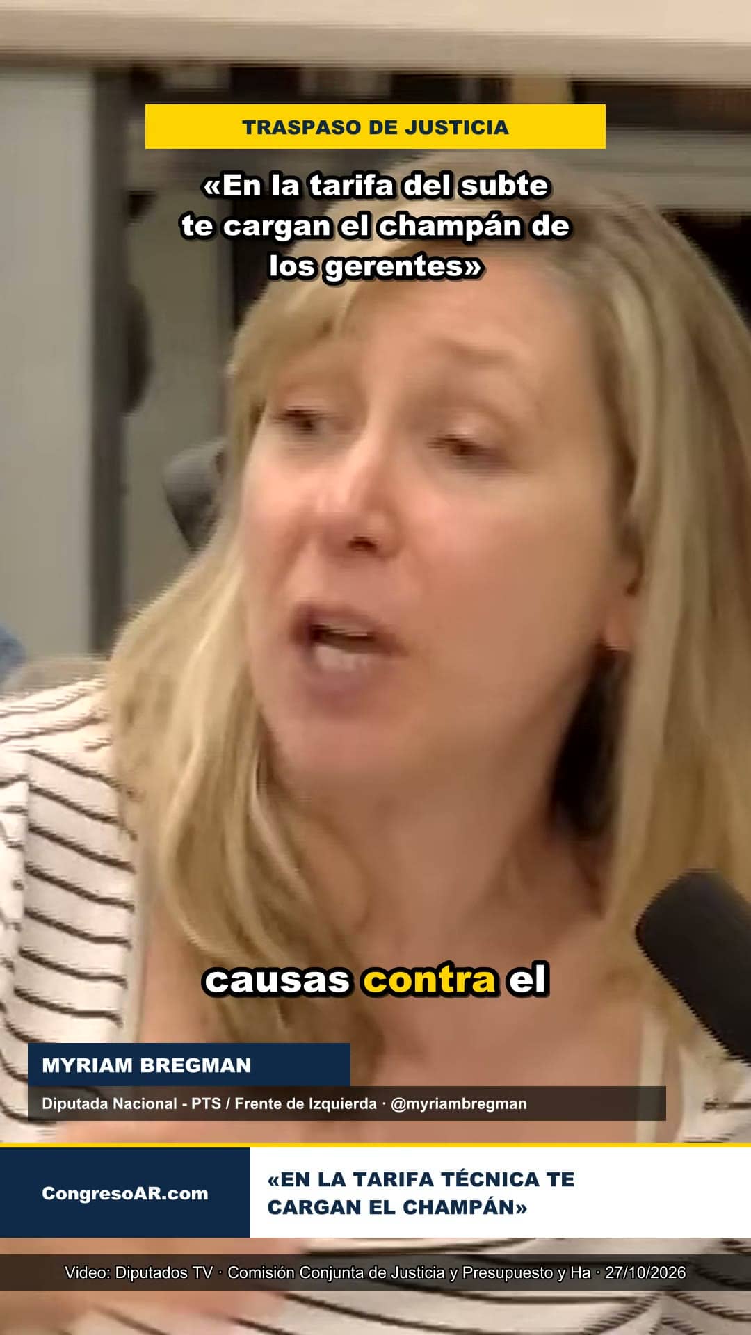 Myriam Bregman cruzó el traspaso de la justicia a CABA: «En la tarifa del subte te cargan el champán»