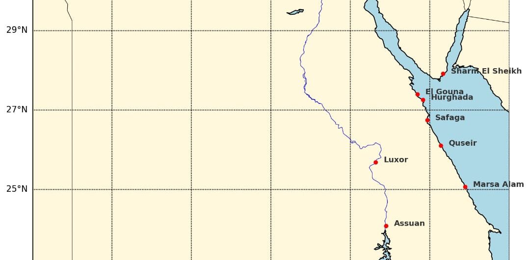 Karte von Ägypten Hurghada mit Kairo, Luxor, Assuan, Marsa Alam und weiteren Reisezielen entlang des Roten Meeres zur besseren Urlaubsplanung