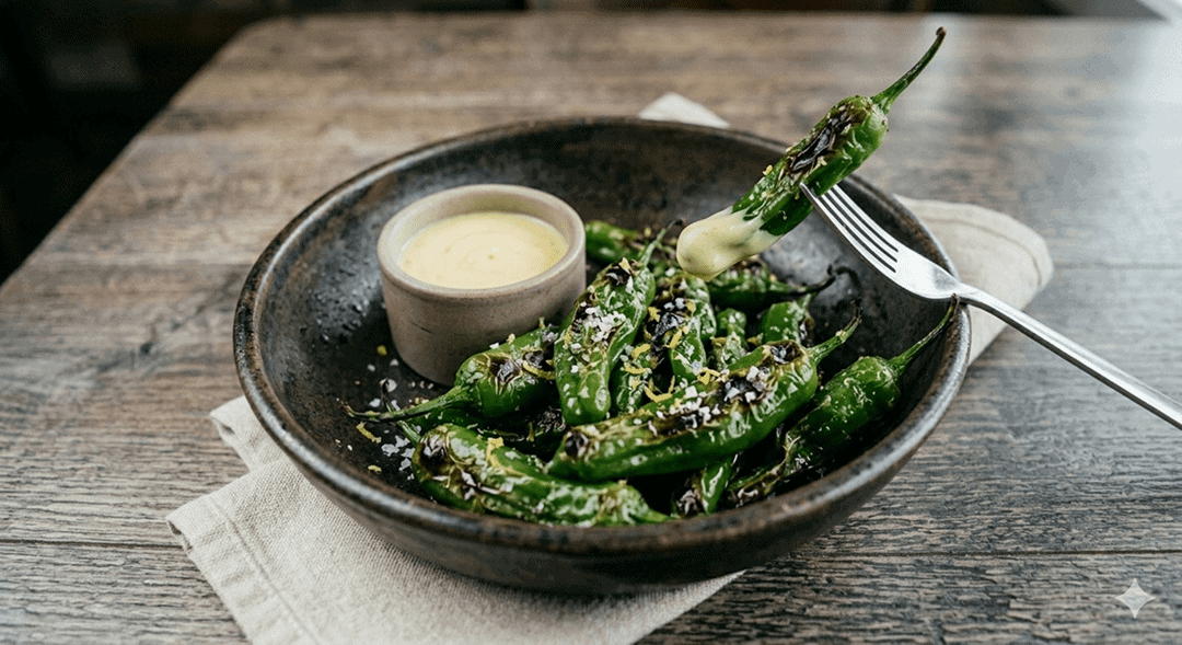 Blistered Shishito Peppers with Miso Aioli