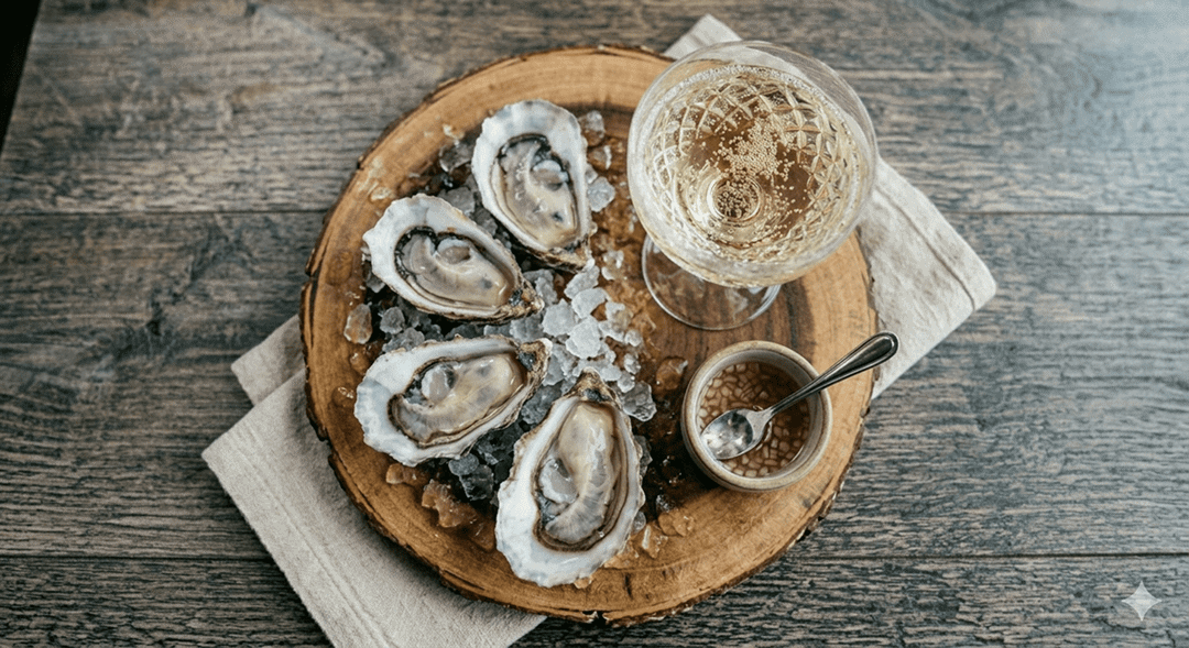 oysters and champagne on a wooden plate