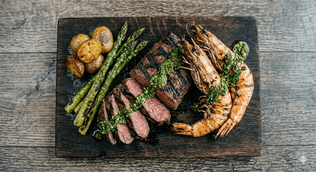 Grilled Hanger Steak & Prawns