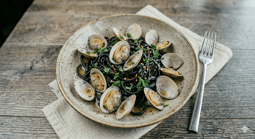 Squid Ink Linguine with Clams on a plate