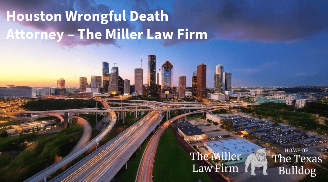 Houston skyline at dusk with freeway lights, representing wrongful death attorney services by The Texas Bulldog.