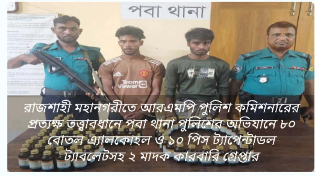 আরএমপি পুলিশ কমিশনারের প্রত্যক্ষ তত্ত্বাবধানে পবা থানা পুলিশের অভিযানে ৮০ বোতল এ্যালকোহল ও ১০ পিস ট্যাপেন্টাডল ট্যাবলেটসহ ২ মাদক কারবারি গ্রেপ্তার