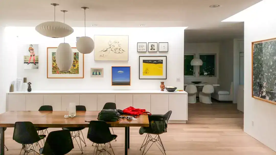 Modern Los Angeles hillside interior with curated artwork and sleek design.