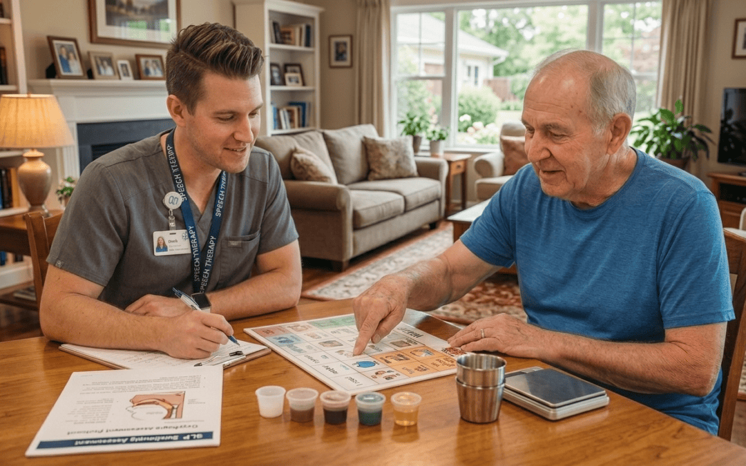 Adult speech language pathologist conducting in-home stroke rehabilitation and communication card exercises with a senior citizen in Shelby Twp, MI.