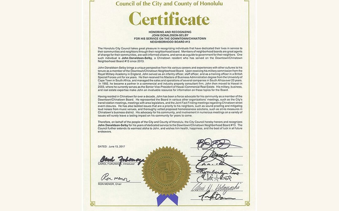 John Selby Honored and Recognized by the City & County of Honolulu!