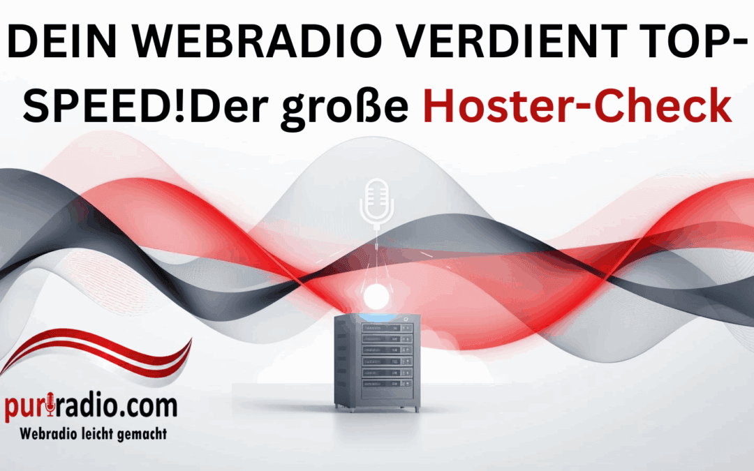Webhoster WordPress Webradio: Grafische Darstellung eines Servers mit Soundwellen und pur radio Logo. Symbolisiert den großen Webhoster-Check für Top-Speed.
