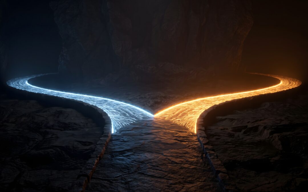 Glowing blue and orange path forking in two directions representing S/4HANA or RISE with SAP decision