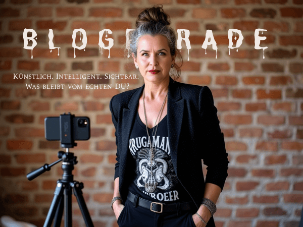 Claudia Ludloff (KI) steht selbstbewusst vor einer Kamera, bereit für ein Selfie. Schriftzug: Blogparade – Künstlich. Intelligent. Sichtbar. Was bleibt vom echten DU?