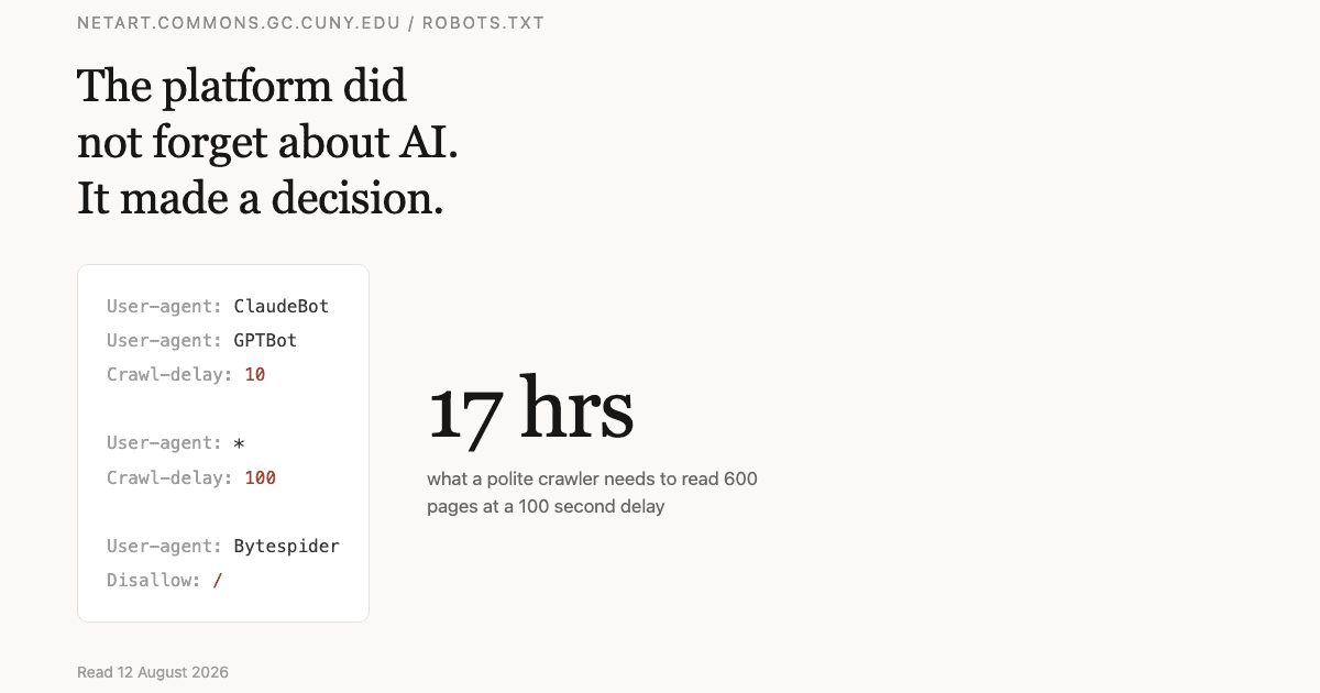 An excerpt of the CUNY Academic Commons robots.txt showing ClaudeBot and GPTBot given a ten second crawl delay, all other crawlers one hundred seconds, and Bytespider disallowed entirely, beside the figure of seventeen hours.