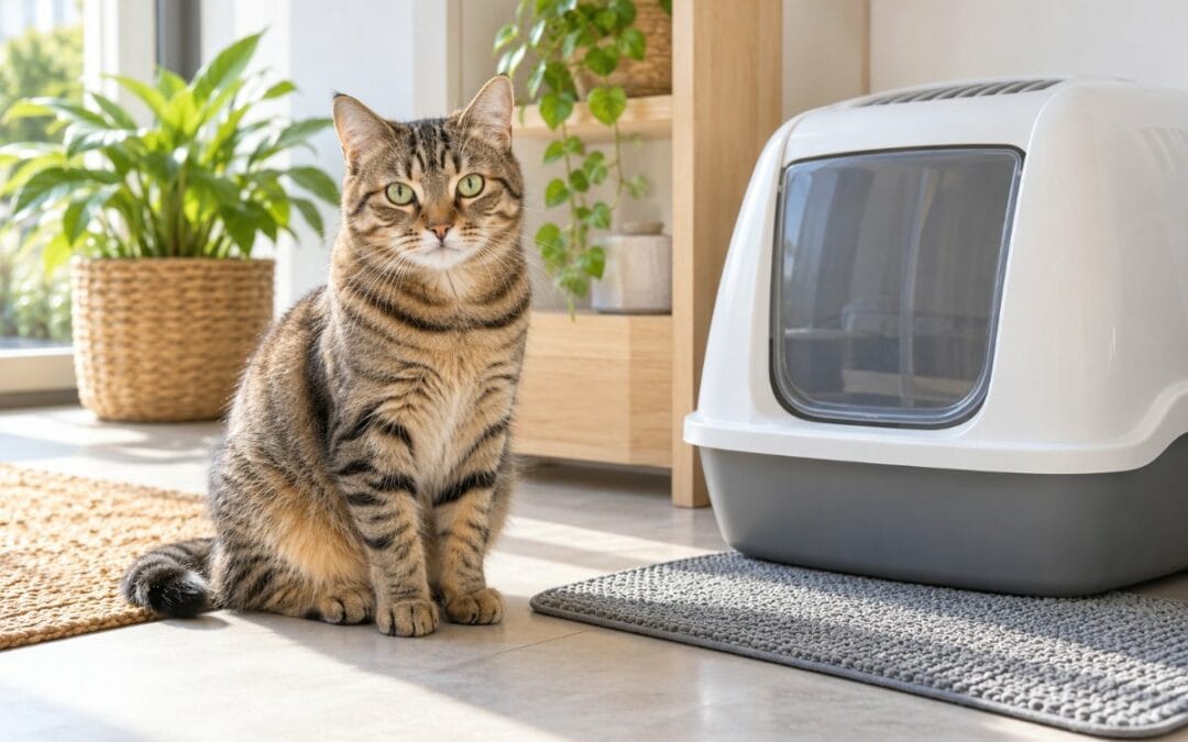 Chat propre et en bonne santé assis près d'une litière