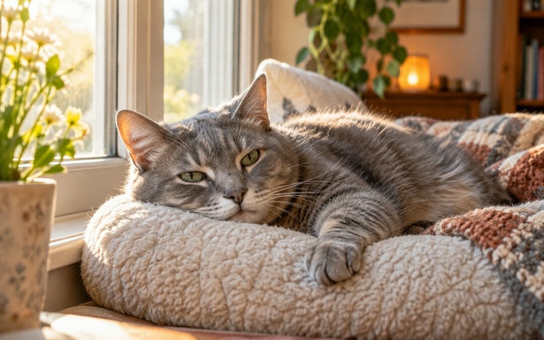 Chat âgé tranquillement allongé près d'une fenêtre