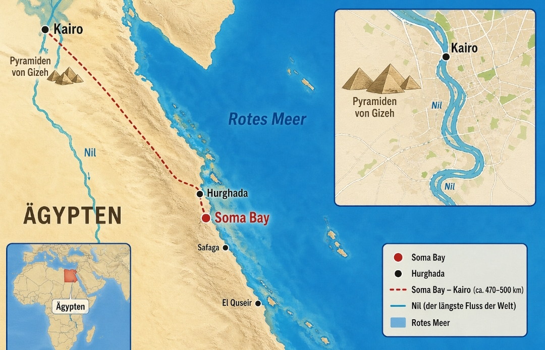 Diese Karte zeigt wie weit ist es von Soma Bay zu den Pyramiden in Kairo