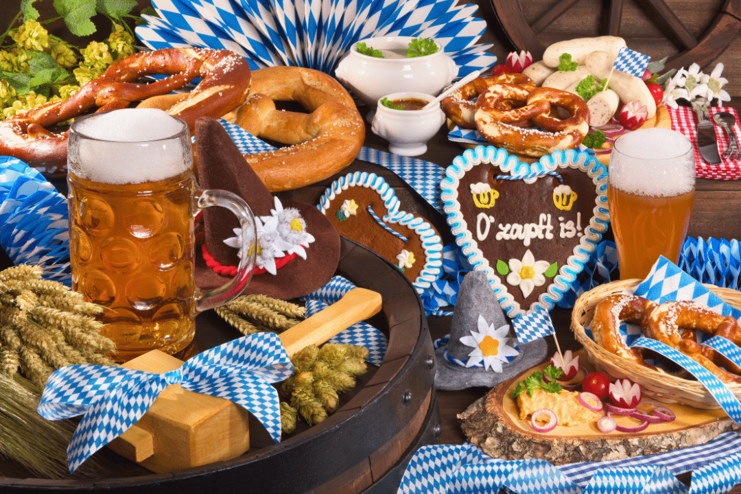Oktoberfest elements such as pretzels, beer and chocolat cake.