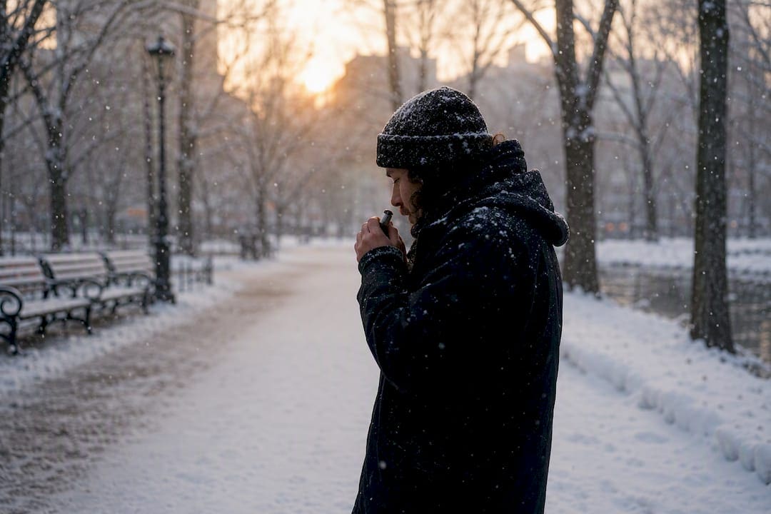 Hand warming vape device outdoors in winter