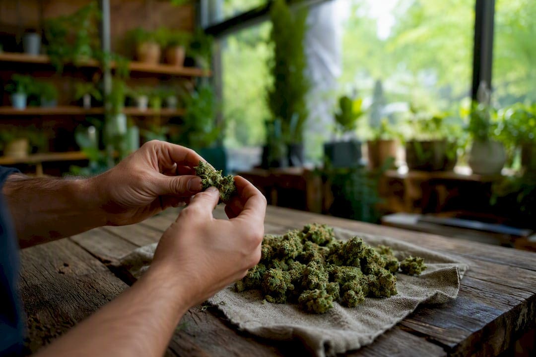 Hands breaking cannabis buds on wooden table