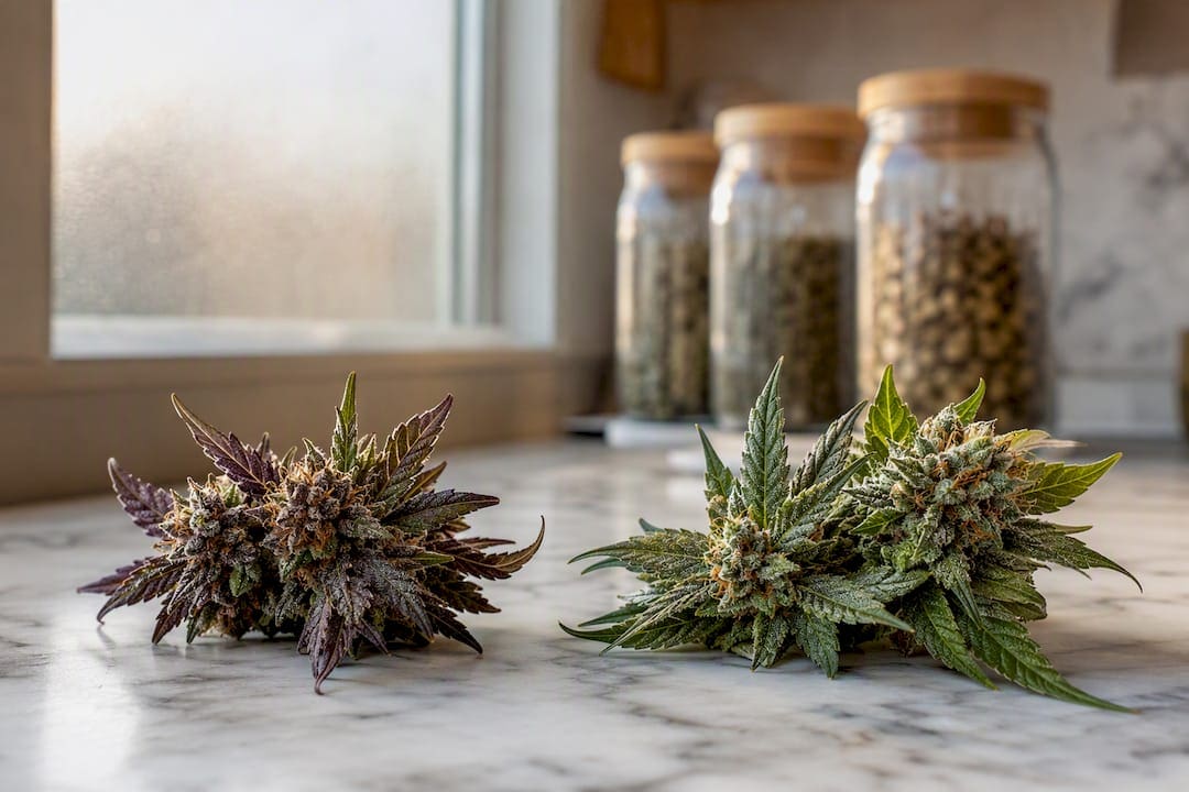 Zoom sur des fleurs de cannabis accompagnées de flacons de terpènes.