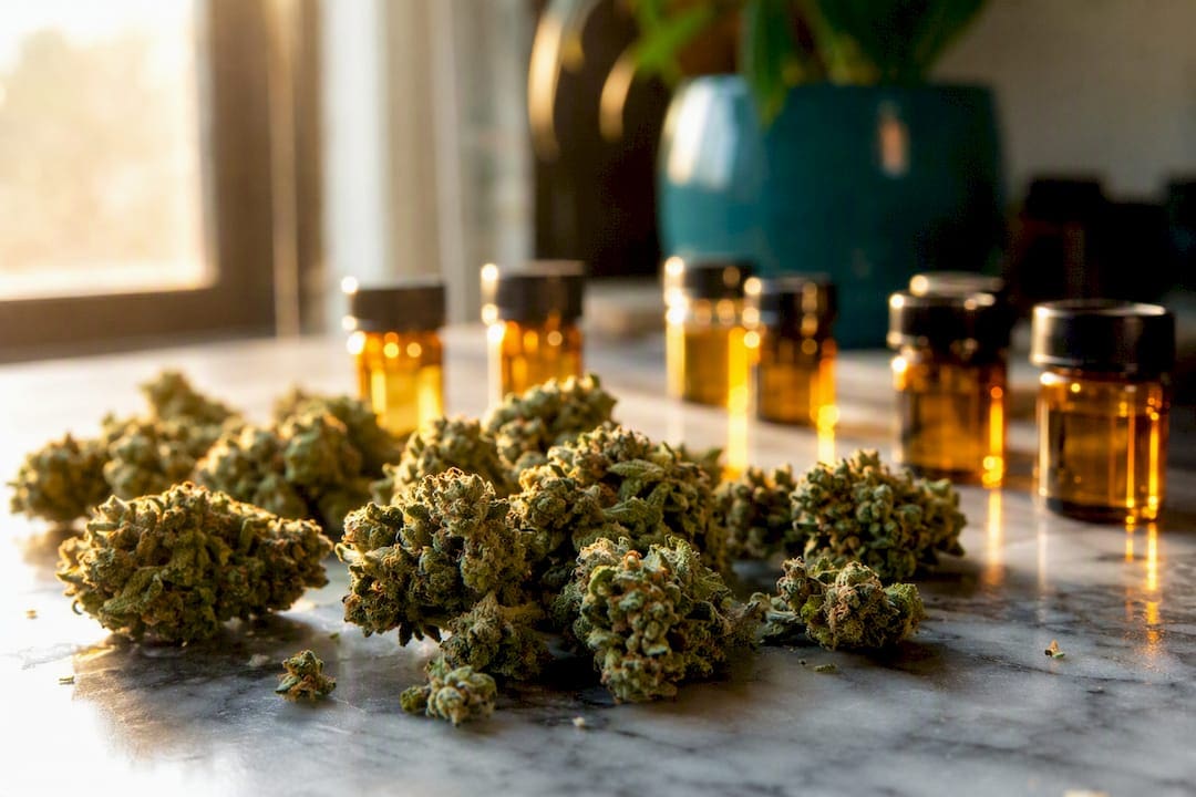 Vue en gros plan sur les têtes de fleurs de cannabis