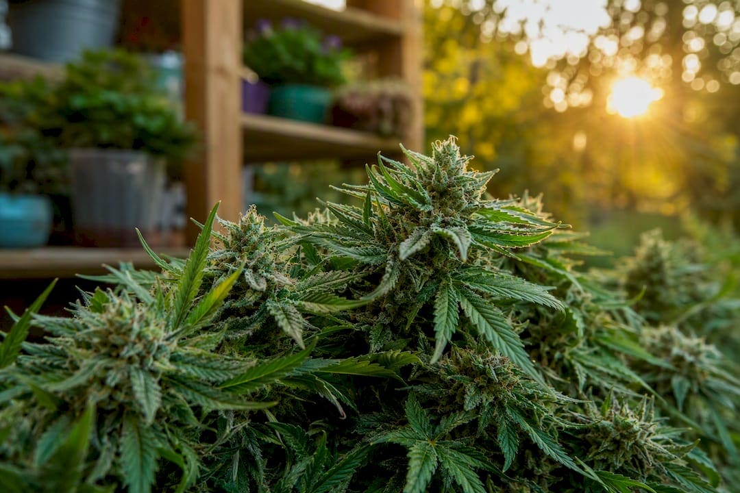 Gros plan sur les feuilles de cannabis avec trichomes