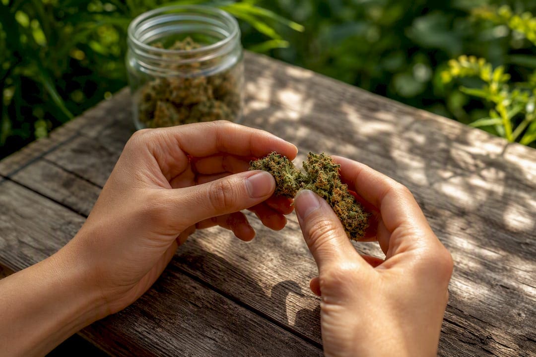 Hands breaking Galactic Glue cannabis bud