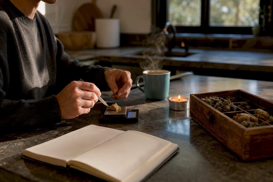 Mains mesurant une dose de cannabis avec une balance