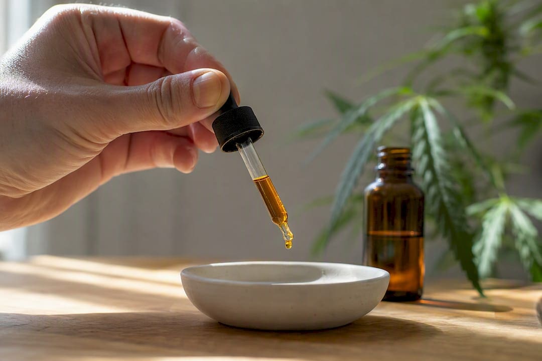 Compte-gouttes avec huile de CBD à spectre complet au-dessus d'une coupelle blanche