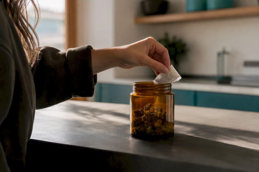 Hand placing humidity pack into cannabis storage jar