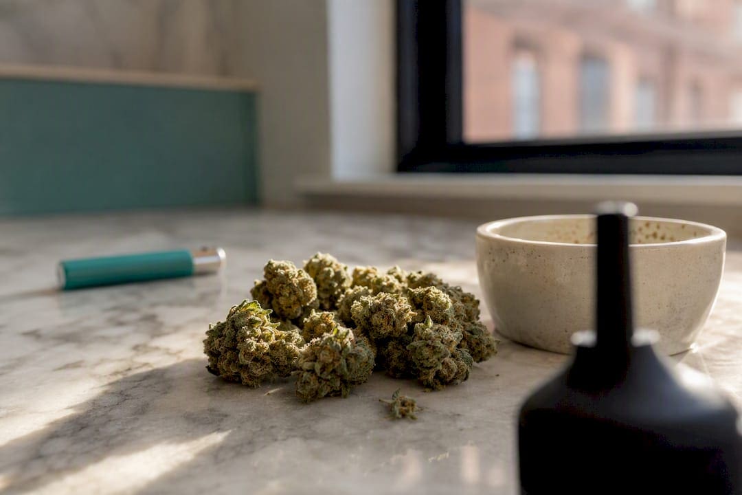 Close-up of cannabis buds and vaporizer silhouette