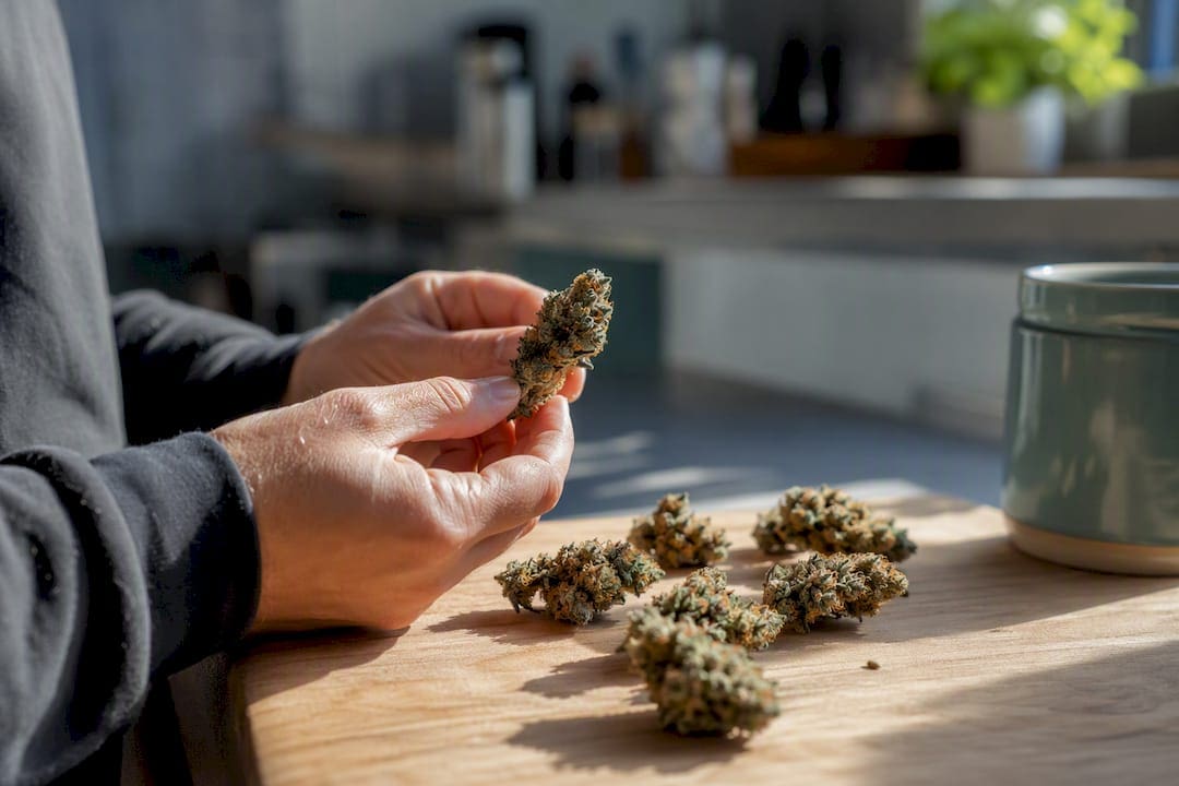 Hands examining cannabis flowers for terpene content